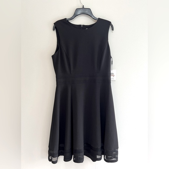 NWT Calvin Klein Sleeveless Fit And Flare Black Dress With Sheer Hem Detail, 12 - Picture 6 of 10